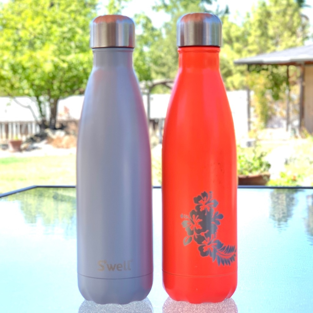 S’well Stainless Steel Water Bottles:  Floral Orange and Solid Gray